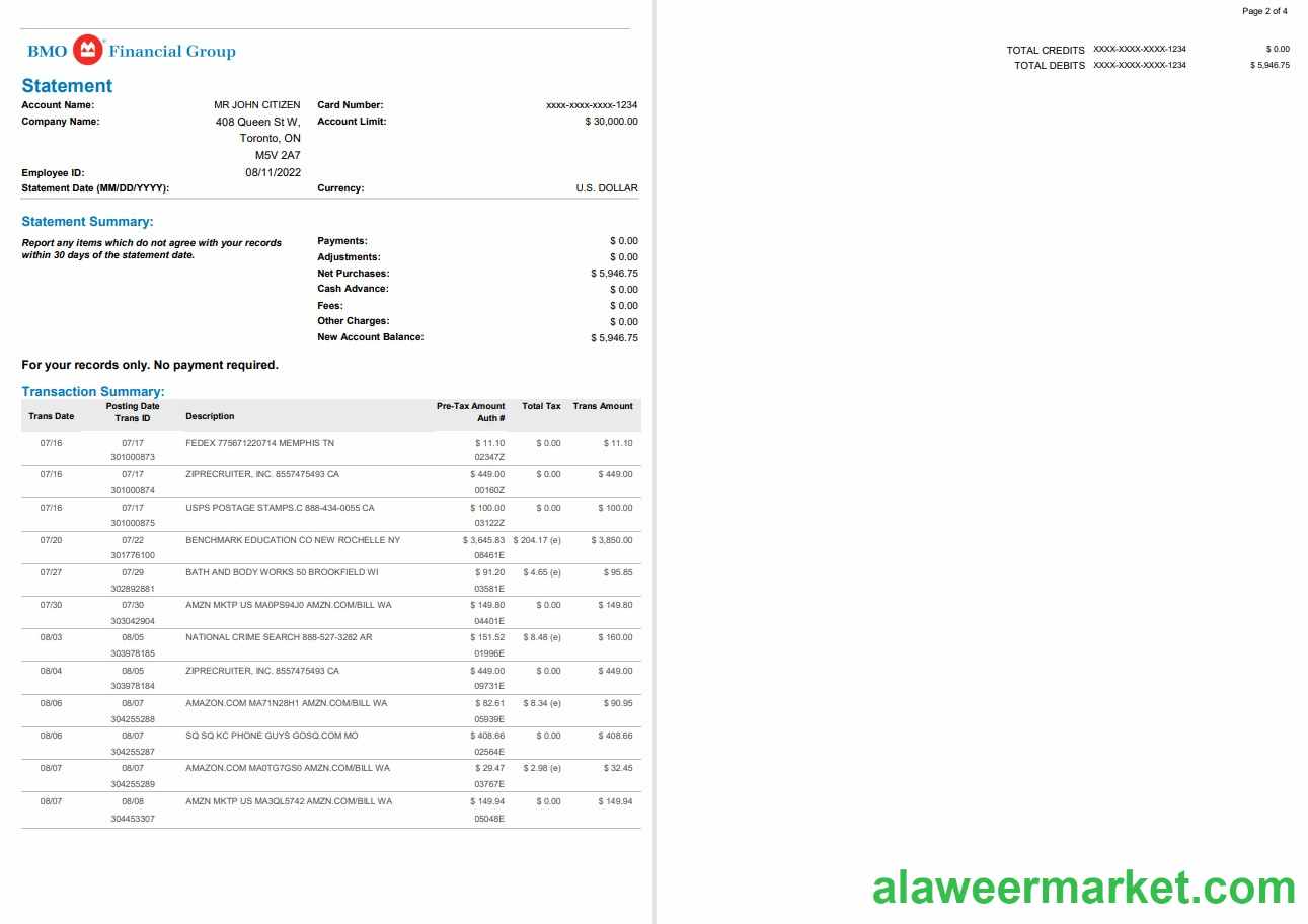 USA BMO bank statement, Word and PDF template, 4 pages